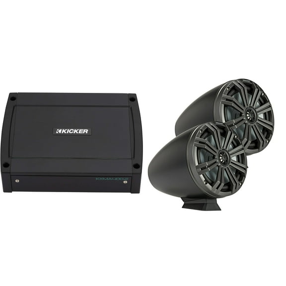 Kicker 46KMFC8 8" Black Loaded Marine Wake Tower Enclosures & 400 Watt Marine Amp with Flat-Mounting