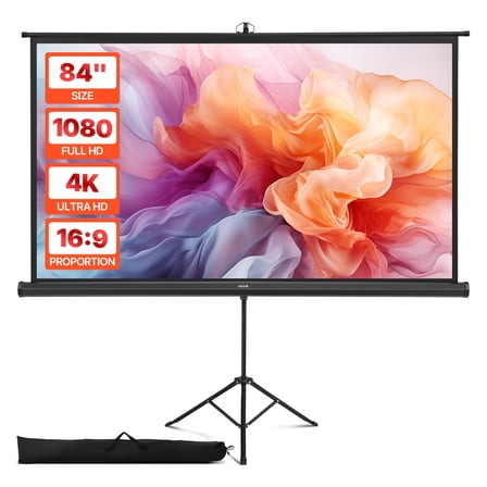VEVOR Projector Screen with Stand, 84 Inch 160° Wide Angle Indoor Outdoor Projection Screen, 16:9 4K HD Wrinkleless Portable Tripod Screens with Carry Bag, for Movie Home Theater Office Presentation