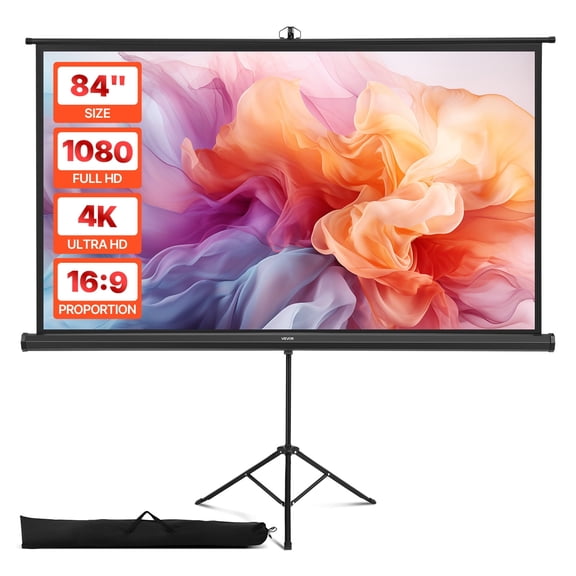 VEVOR Projector Screen with Stand, 84 Inch 160° Wide Angle Indoor Outdoor Projection Screen, 16:9 4K HD Wrinkleless Portable Tripod Screens with Carry Bag, for Movie Home Theater Office Presentation