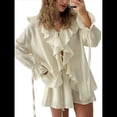 thumbnail image 2 of Conjuntos de Dos Piezas para Mujer, Camisa de con Larga, Peplum y Ribete de Encaje, Pantalones Cortos de Pierna , Conjuntos para Vacaciones y Viajes Beige S, 2 of 10