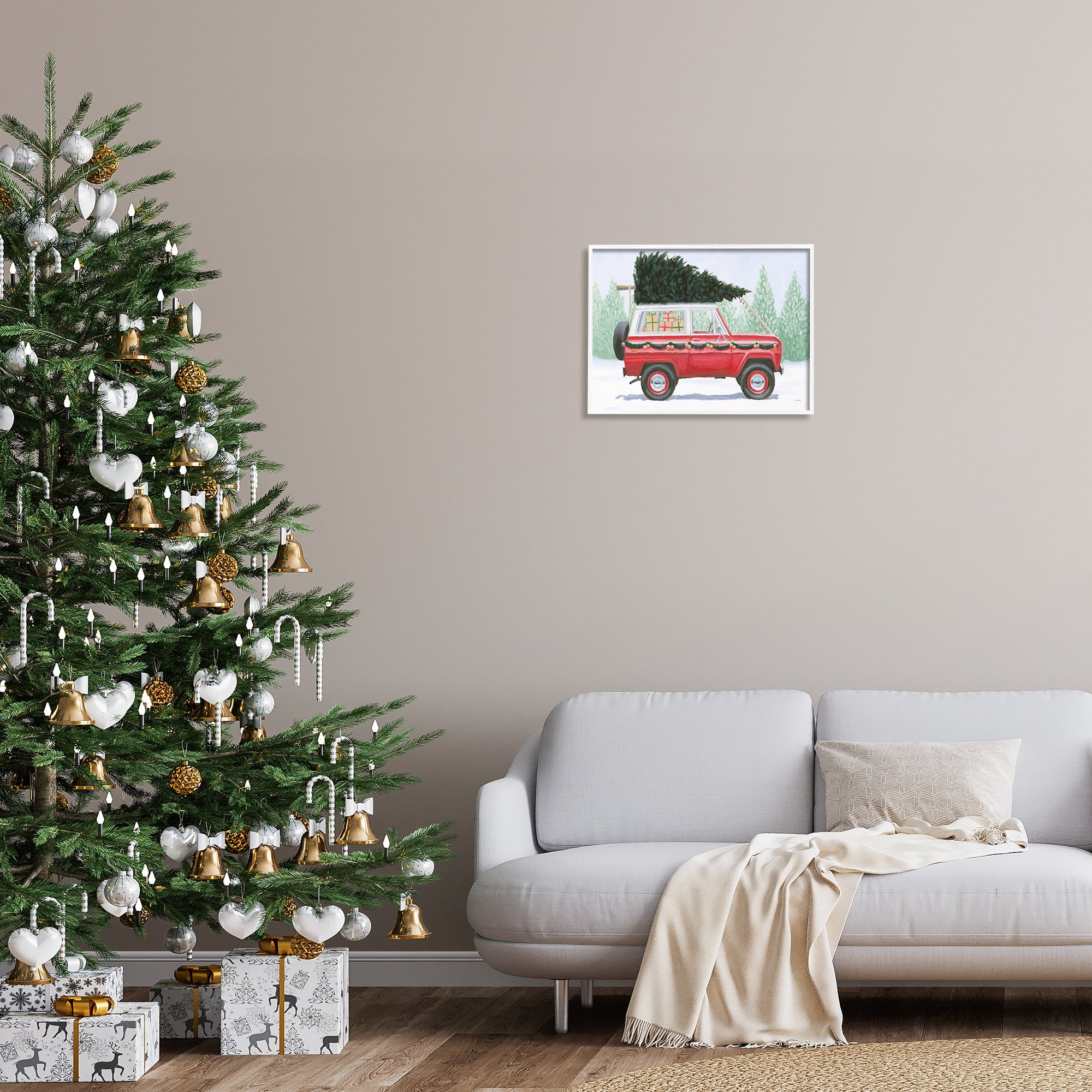 Red Utility Truck Winter Christmas Tree Snowy Forest 20 in x 16 in Framed Painting Art Prints, by Stupell Home Décor