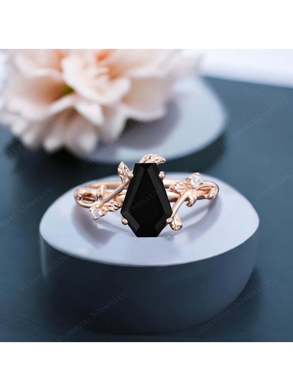 11x7MM / 1.5CT Natural Onyx Bridal Wedding Ring CZ Diamond Leaf Twig Ring Natural Inspired Women Jewelry Gift For Her