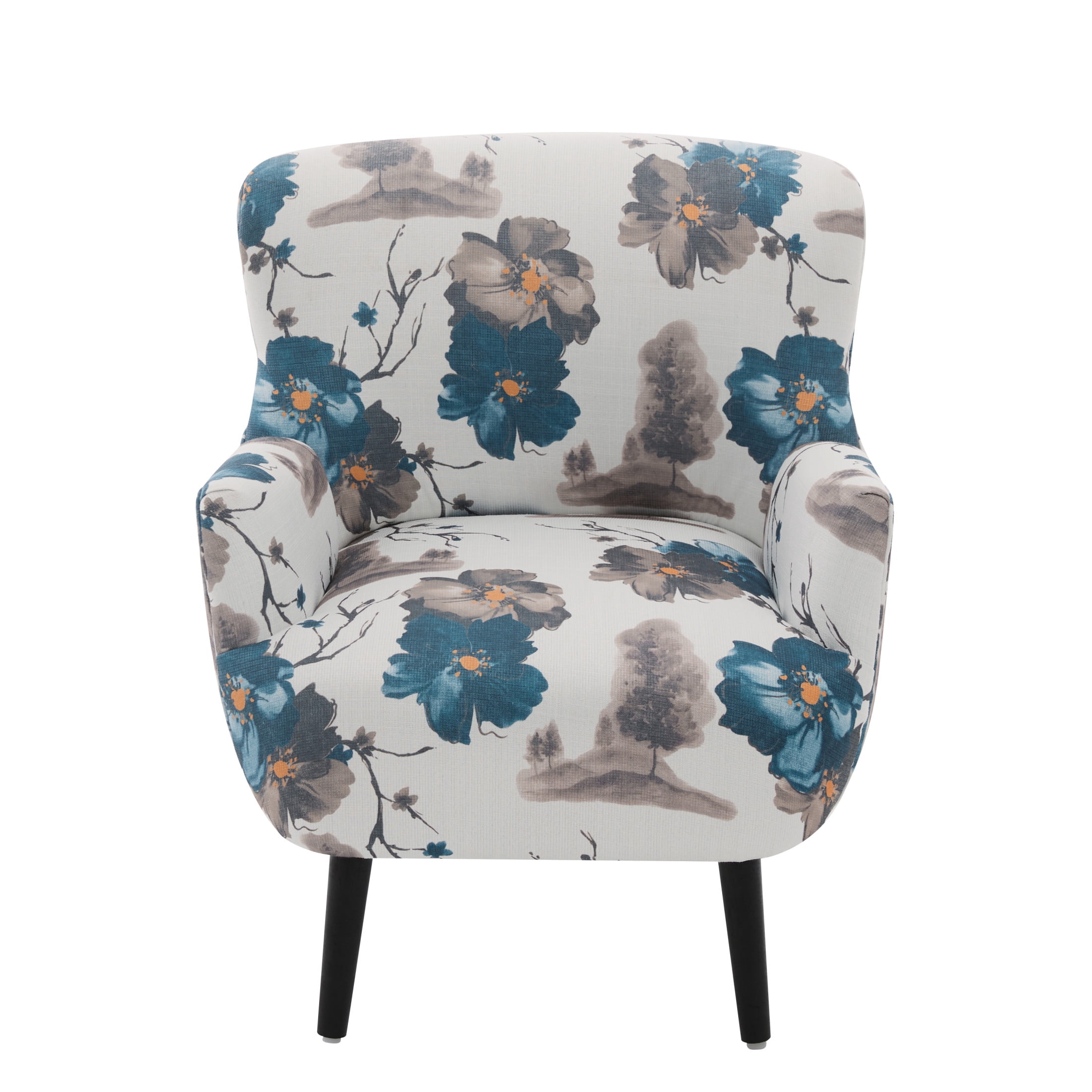 Christopher Knight Home Floral Upholstered Accent Club Chair with Round Arms, Wooden Legs, White+Blue