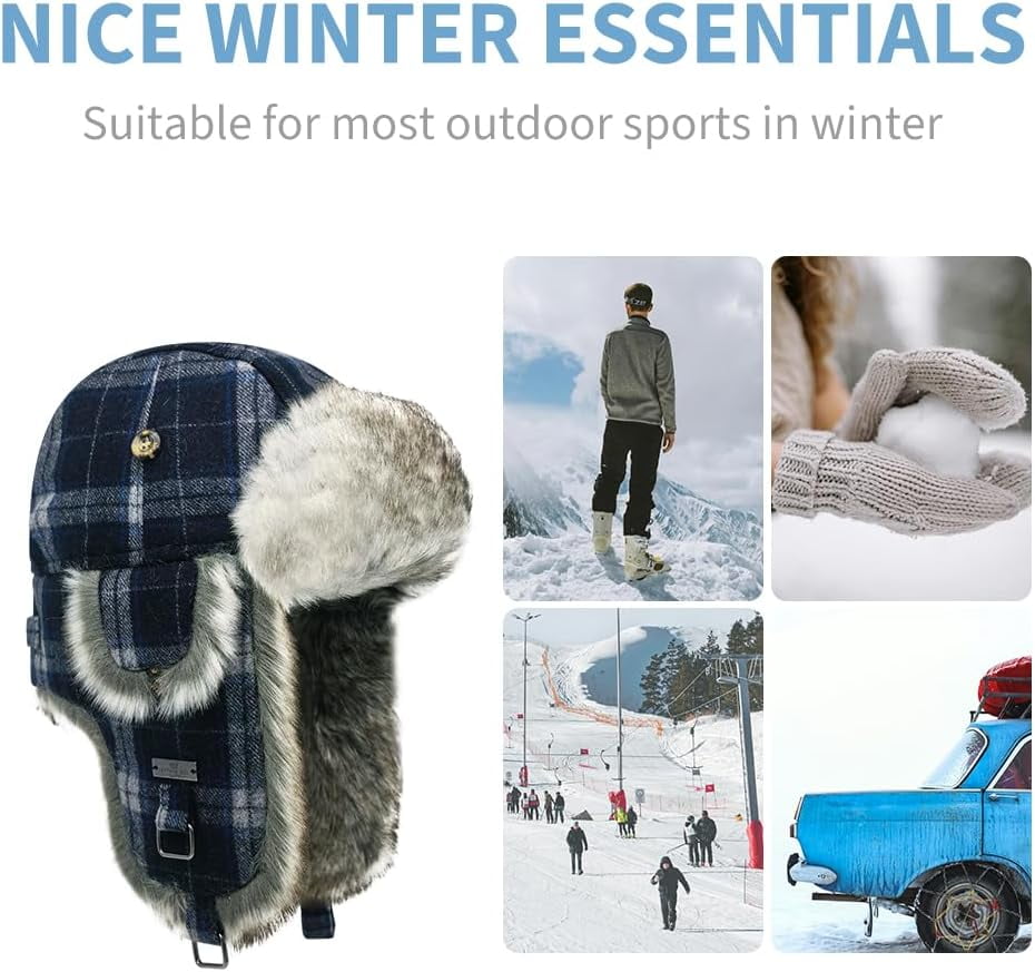 Fur Winter Trapper Hat,Wool Faux Fur Aviator Ski Trapper Trooper Pilot Snow Eskimo Hat with Ear Flaps for Men & Women