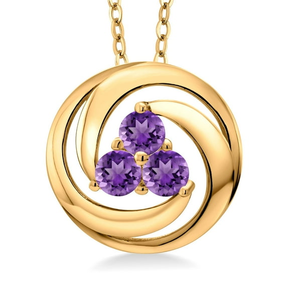 Gem Stone King 18K Yellow Gold Plated Silver Round Purple Amethyst 3 Stone Circle Pendant Necklace for Women (0.75 Cttw, Gemstone February Birthstone, With 18 inch Chain)
