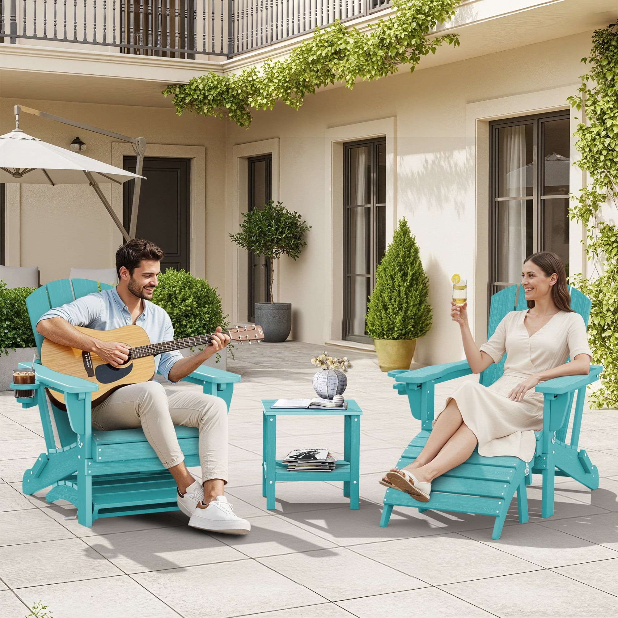 SERWALL 5PC Adjustable Folding Adirondack Chair and Ottoman and Double Side Table, HDPE Adirondack Chairs Set for Outdoor, Patio, Poolside, Garden, Aruba