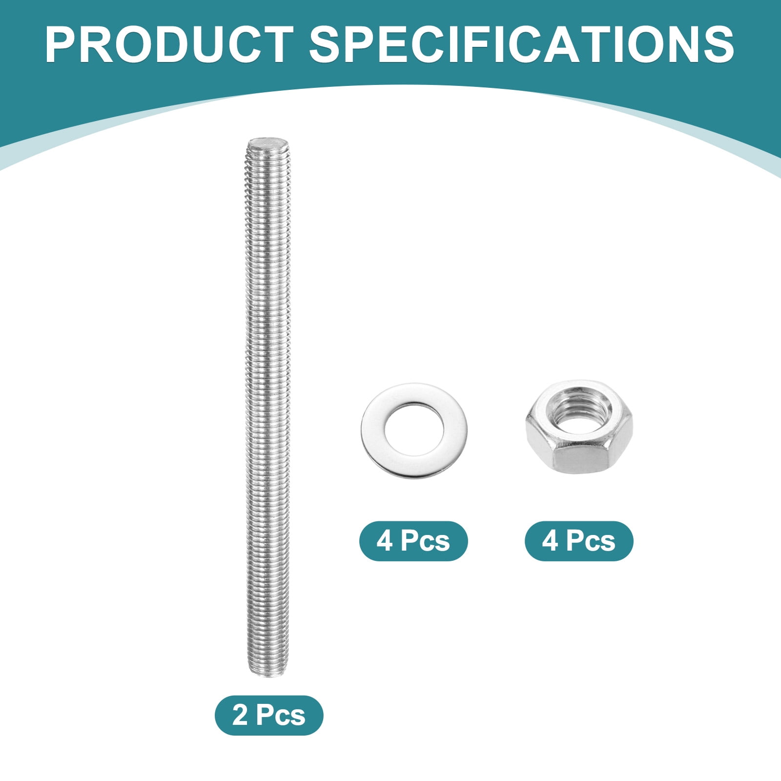 2 Pack Fully Threaded Rod, M16 x 200mm 201 Stainless Steel Right Hand Threads Rods with Nuts and Flat Washer