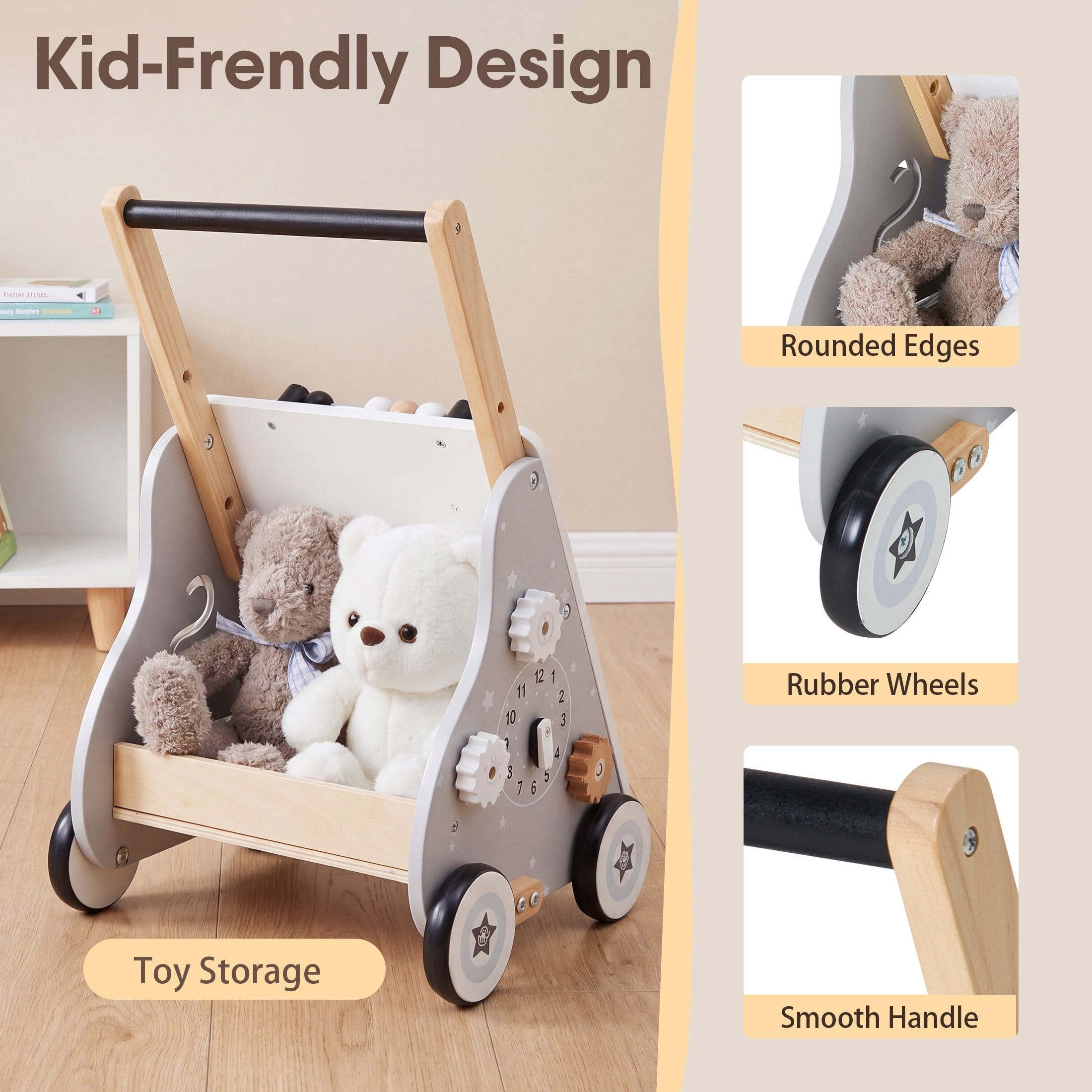 Jolie Vallee Wooden Baby Walker,Push Walker with Activity Center,Push Wlakers for Babies 12 M+,Adjustable Speed and Height Walkers for Boys/Girls