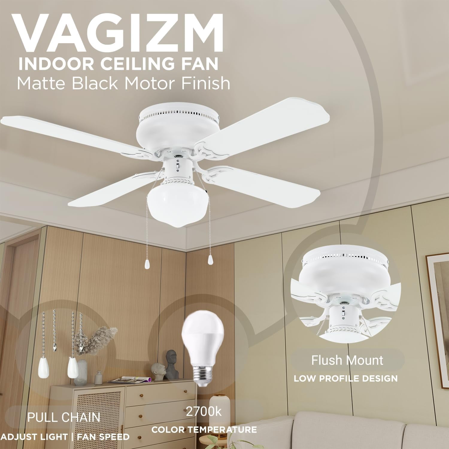 42" Flush Mount Ceiling Fan Matte White Traditional Ceiling Fan with Light & Pull Chain - Low Profile Design - Indoor or Cover Outdoor Use