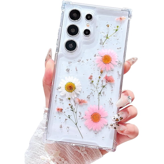 Compatible with Samsung Galaxy S23 Ultra Case Cute Pressed Dried Real Flowers Design Women Girly Shockproof Glitter Floral Clear Phone Cover S23 Ultra (Pink Flower)
