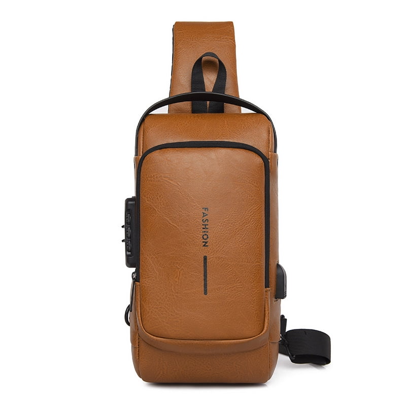 Travel Sling Bag Waterproof Crossbody Bag with Combination Lock Anti-Theft PU Leather Chest Bag with USB Charging Hole Shoulder Backpack Motorcycle Bags