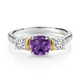 thumbnail image 2 of Gem Stone King 925 Silver and 10K Yellow Gold Purple Amethyst White Moissanite and Diamond 3 Stone Women Ring (1.63 Cttw, Cushion 6MM and 4MM, Gemstone Birthstone, Size 7), 2 of 3