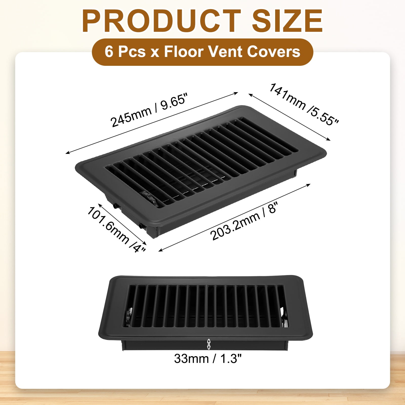 4x8 Inch Floor Vent Covers, Floor Registers Metal Walkable Air Vent Covers Easy Adjustable Air Supply Lever, Black 6 Pcs