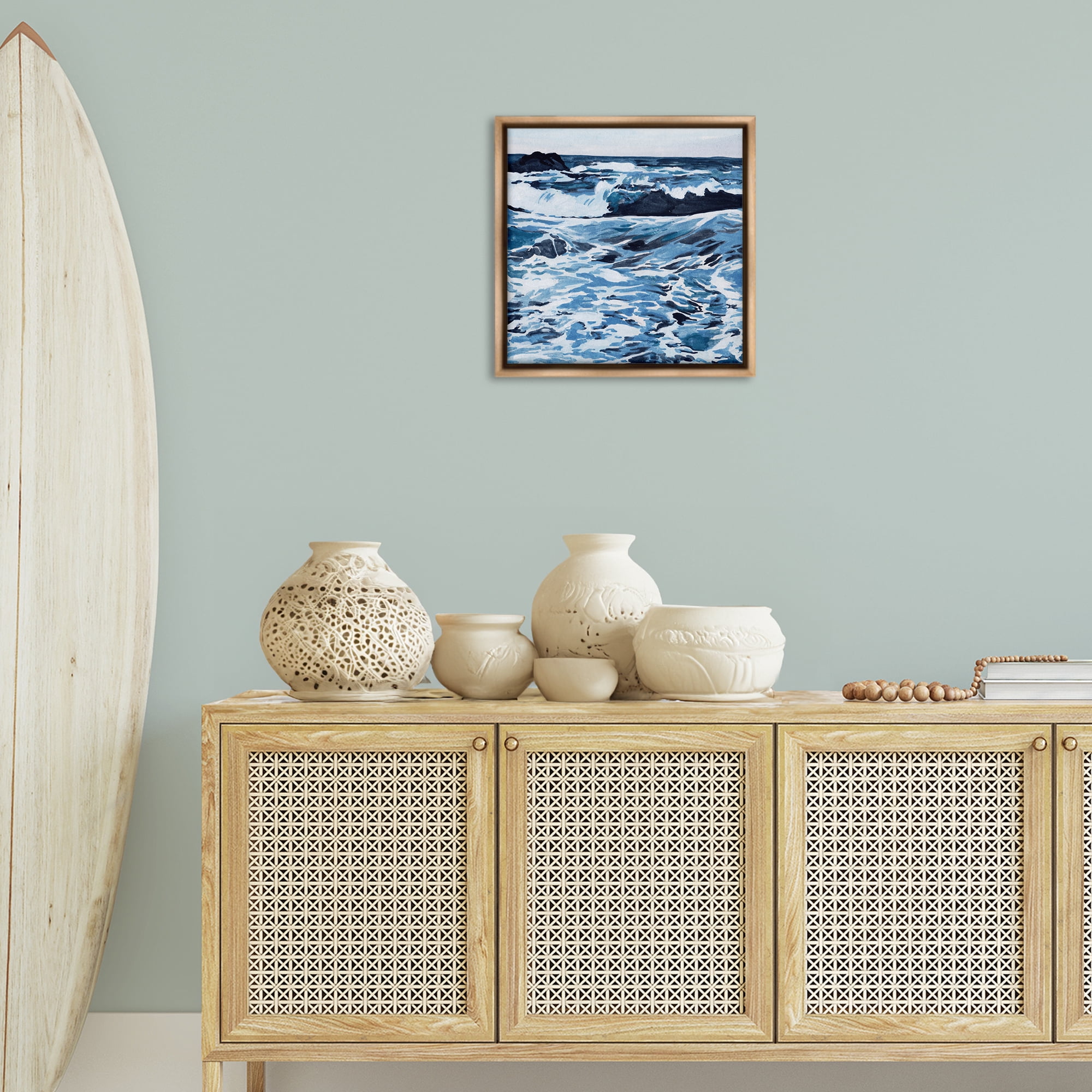 Stupell Industries Blue Coastal Waves Landscape Painting Brown Floater Framed Canvas Art Print Wall Art, 18 x 18