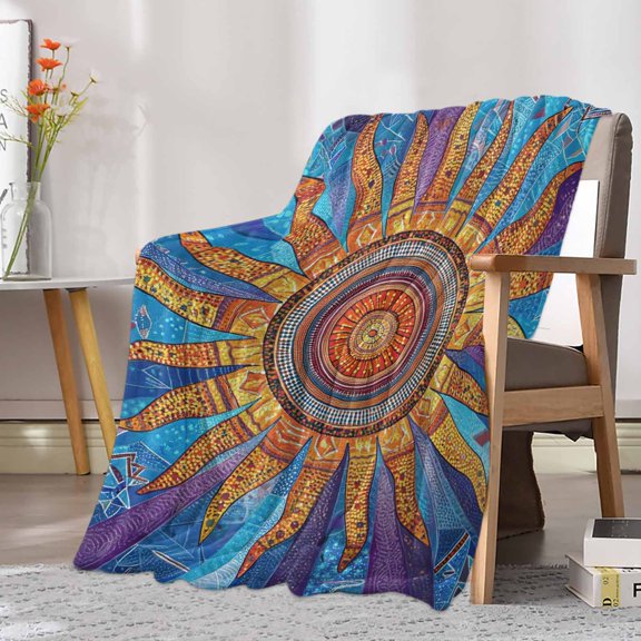Flannel Fleece Throw Blanket Abstract Boho Sun Floral Lightweight Soft Plush Blankets 40x50in, Retro Bohemian Pattern Cozy Warm Throw Blanket for Couch Sofa Bed Car Office