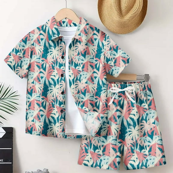 Lilgiuy Little Boys 2 Piece Outfits Hawaiian Shorts Sets Summer Tropical Leaves Print Short Clothing Sets T-Shirt and Shorts Set Beach Outfits for Holiday(Green,13-14 Years)