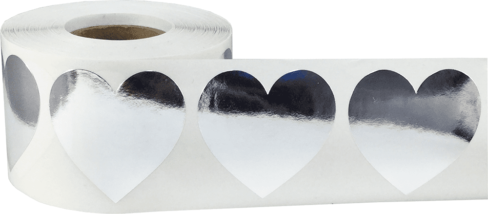 Silver Heart Stickers, 1.5 Inches in Size, 500 Labels on a Roll