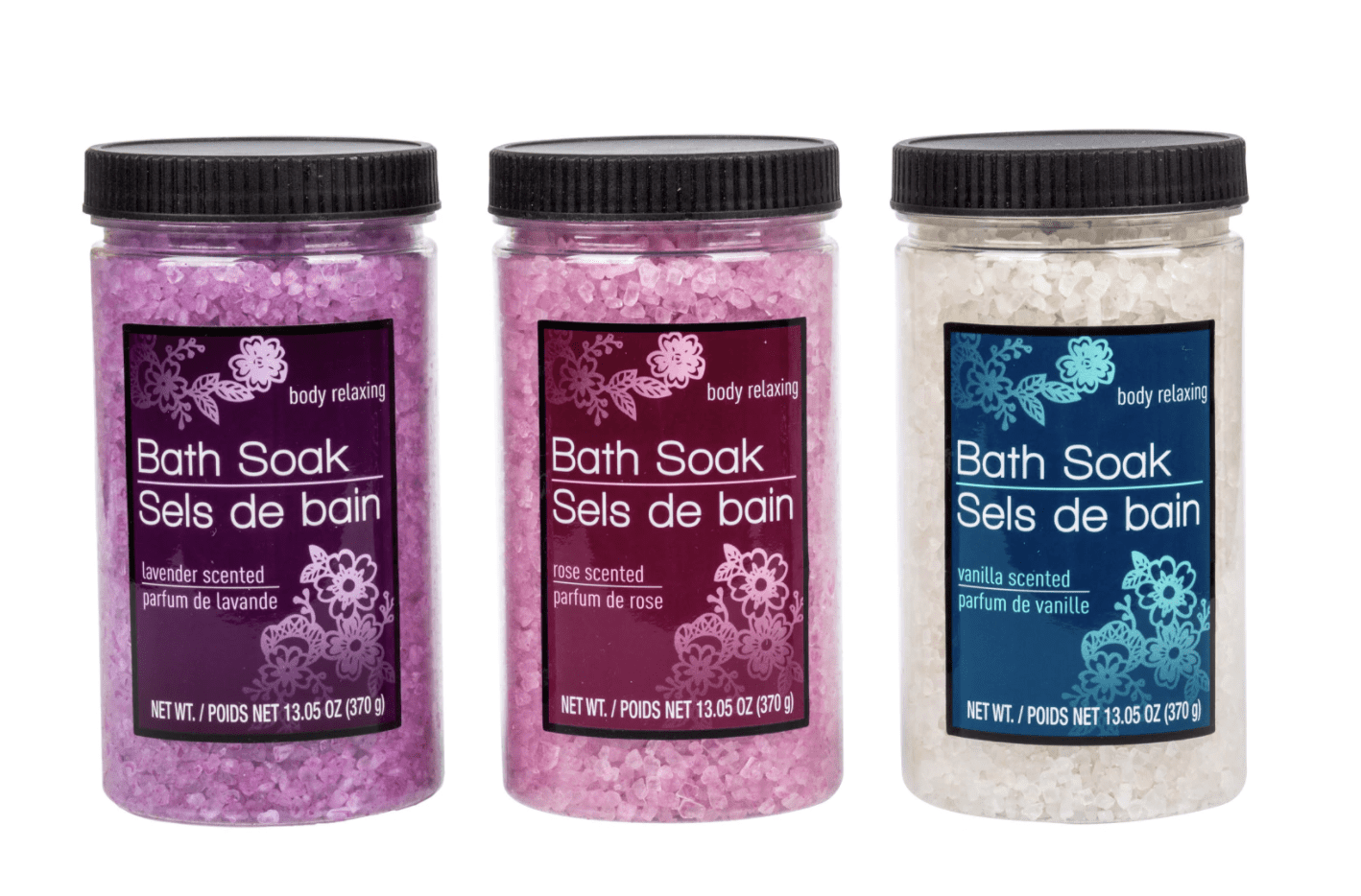Scented Bath Salt Soak, 13 oz. Jars 3 Pack Vanilla, Rose, & Lavender Scents