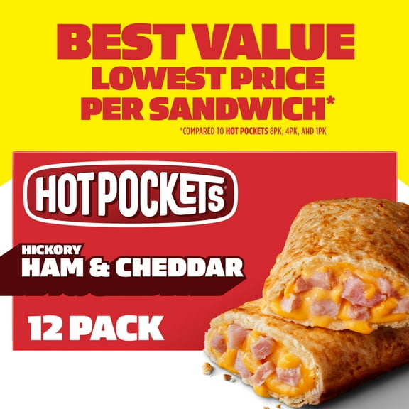 Hot Pockets Hickory Ham and Cheddar Cheese Crispy Crust Sandwich Snacks, 54 oz, 12 Pack (Frozen)