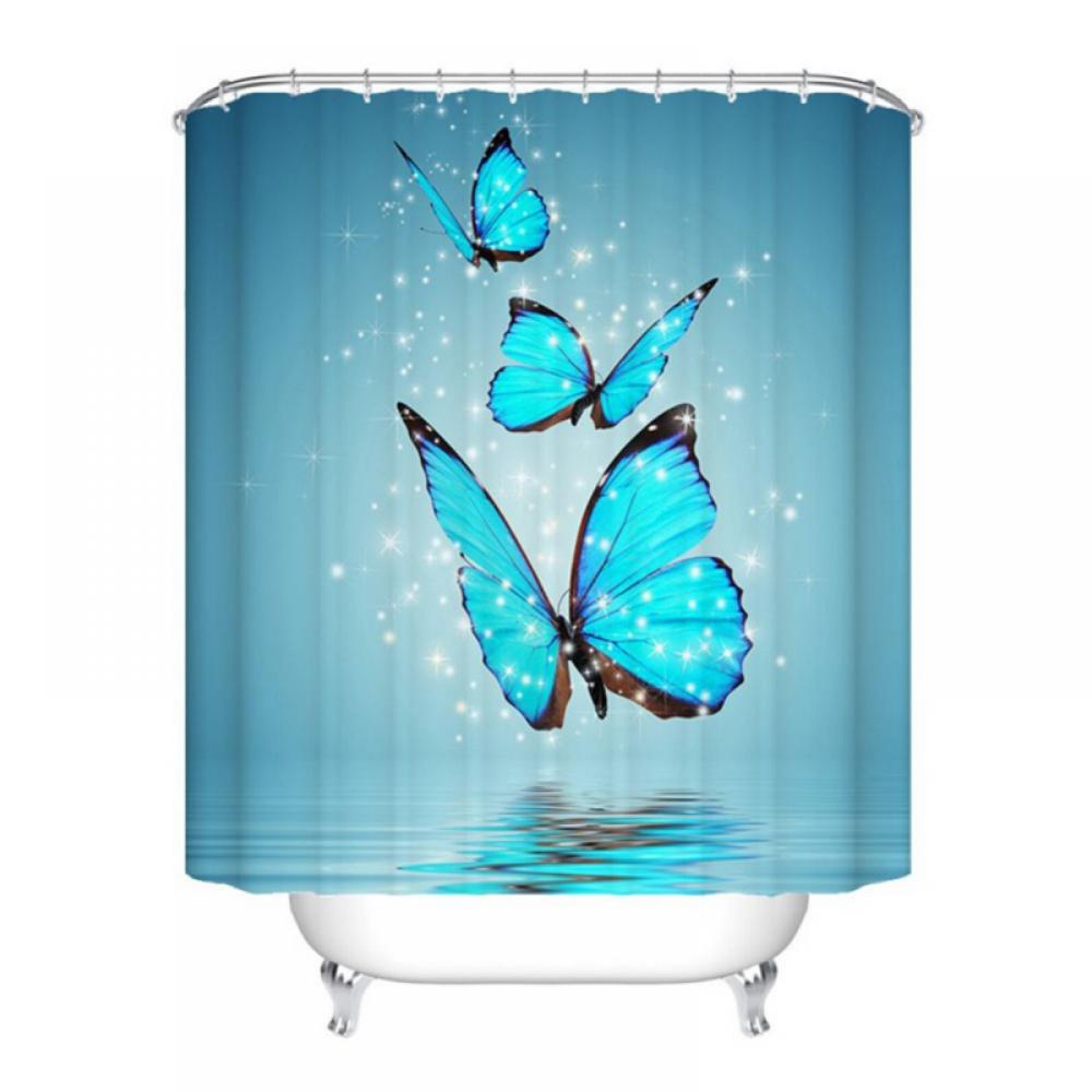 Blue Butterfly Shower Curtain Decor Waterproof Moisture Resistant QuickDry