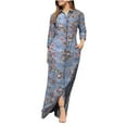 thumbnail image 4 of QLEICOM Women's Casual Turn-down Collar Shirt Dresses Long Sleeve Button Down Long Dress Bohemian Floral Mid Waist Dress with Pockets Summer Beachwear Temperament Maxi Dress Light Gray M, 4 of 5