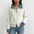 thumbnail image 6 of Women'S Denim Spliced Collar Zip‑Up Knit Cardigan Top White One size, 6 of 7