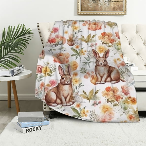 Shangniulu Easter Fuzzy Blanket Watercolor Floral Bunny Throw Blanket Soft Warm Flower Rabbit Blanket for Spring Home Chair Sofa Couch Bed