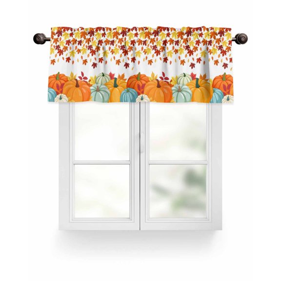 Orange Fall Thanksgiving Pumpkin Kitchen Valances for Windows Retro Autumn Maple Leaf Valance Curtains for Kitchen /Living Room/Bedroom/ Bathroom Decor, 42"x12 " ,Rod Pocket 1 Panel, White