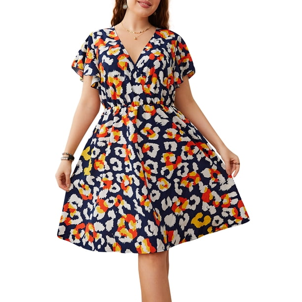 Vestido de mujer de talla grande estampado de manga corta con cintura elástica vestido informal MABOTO Vestido