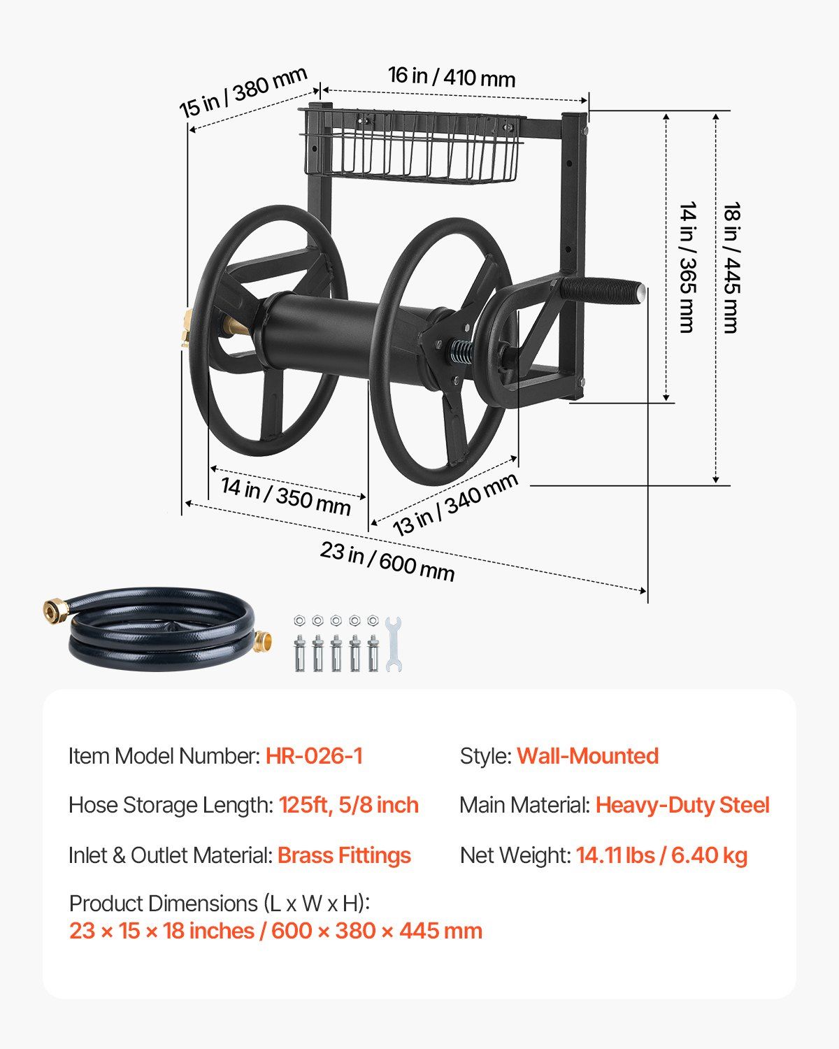 CAFORKP Hose Reel with Basket, Wall Mounted 5/8" Garden Hose Holder Brass Fitting