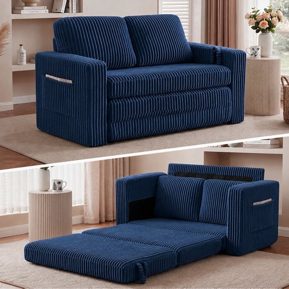 60" Convertible Corduroy Loveseat Sleeper Sofa Bed, Fold-Out Couch with 27.56" Deep Seat, 2 Side Pockets, Space-Saving Sofa for Apartments & Small Rooms