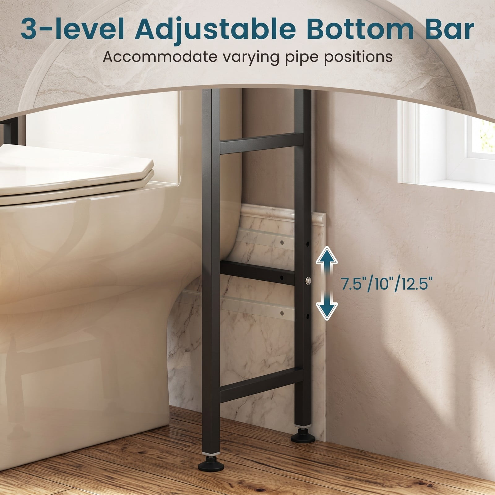ALPULON Over the Toilet Cabinet Bathroom Organizer with 2 Flip-Up Fluted Door Cabinets and 4 Side Hooks for Storage, Black