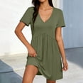 thumbnail image 2 of FRSASU Women's Mini Dress Casual V Neck Short Sleeve Pleated Dresses Solid Color Loose Fit Fashion Summer Dress Army Green, 2 of 8