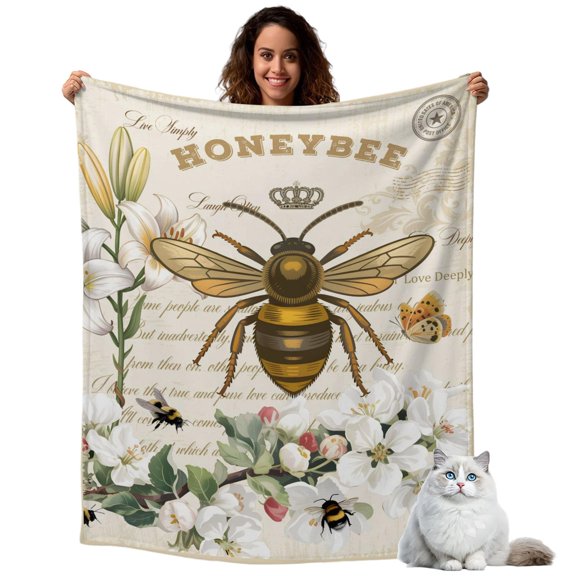 Throw Blanket for Couch, Farmhouses Turquoise Soft Cozy Warm Flannel Blanket 40x50in, Bees on Vintage Letter Lightweight Fleece Throw Blankets for Sofa Bedroom Office All Season Use