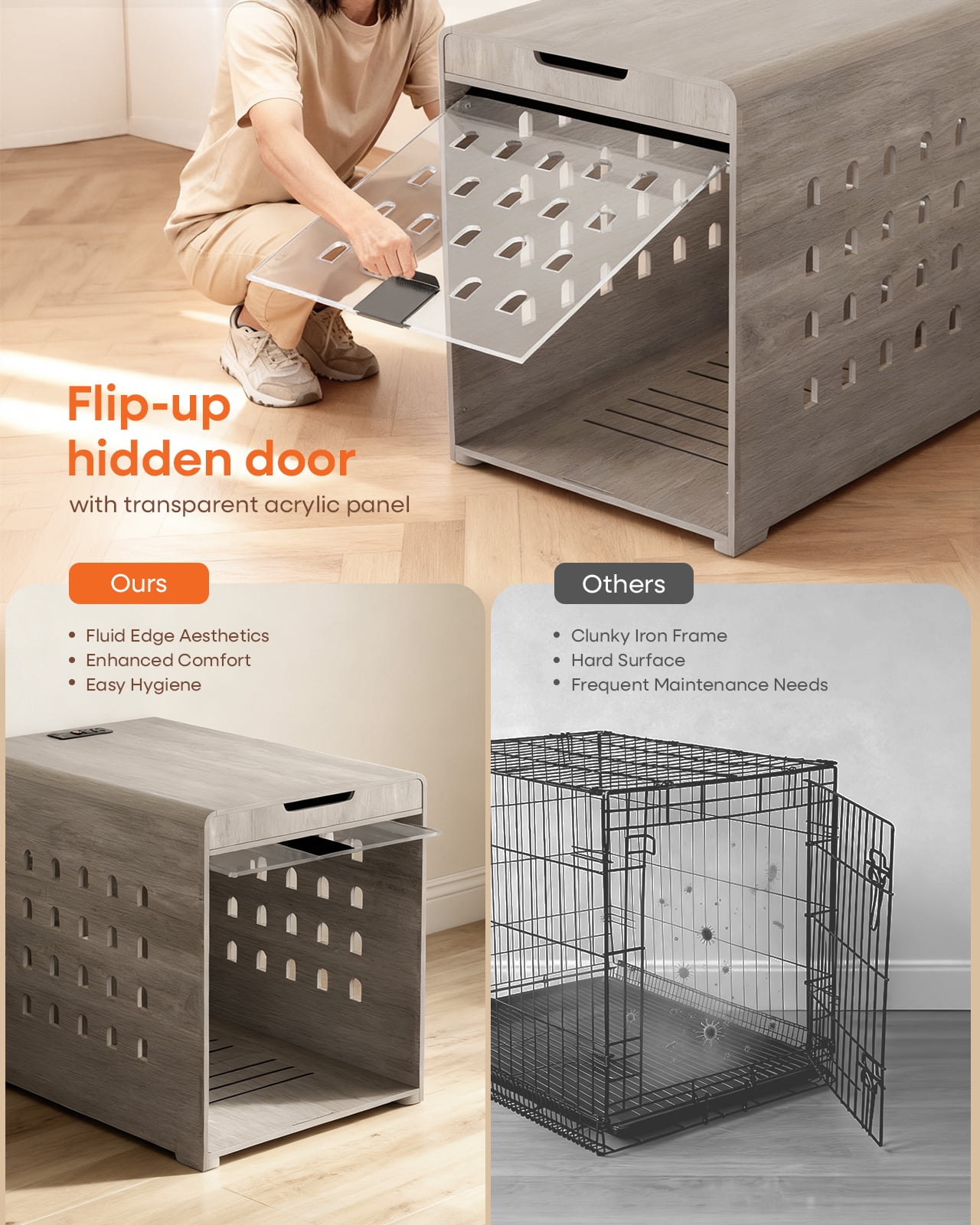 Furnibear Modern Dog Crate Furniture with Charging Station, Multifunctional Side End Table Indoor Kennel with Hidden Door for Small and Medium Dogs Breeds up to 55lb,Gray