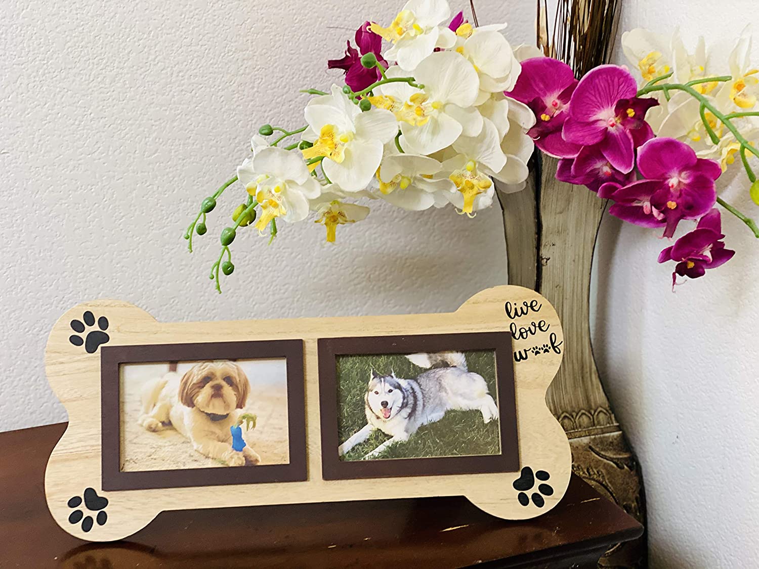 Dog Picture Frame Live Love Woof Pet Memorial Gifts for Dogs. Brown Dog Bone Shaped Wooden 