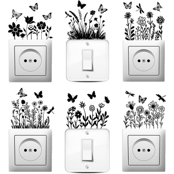 6Pcs Plant Flower Silhouette Light Switch Stickers 7x7 Inch Butterfly Dragonfly Wall Sticker Light Switch Decals for Light Switch Outlets Ledge Vehicle and Home Decor
