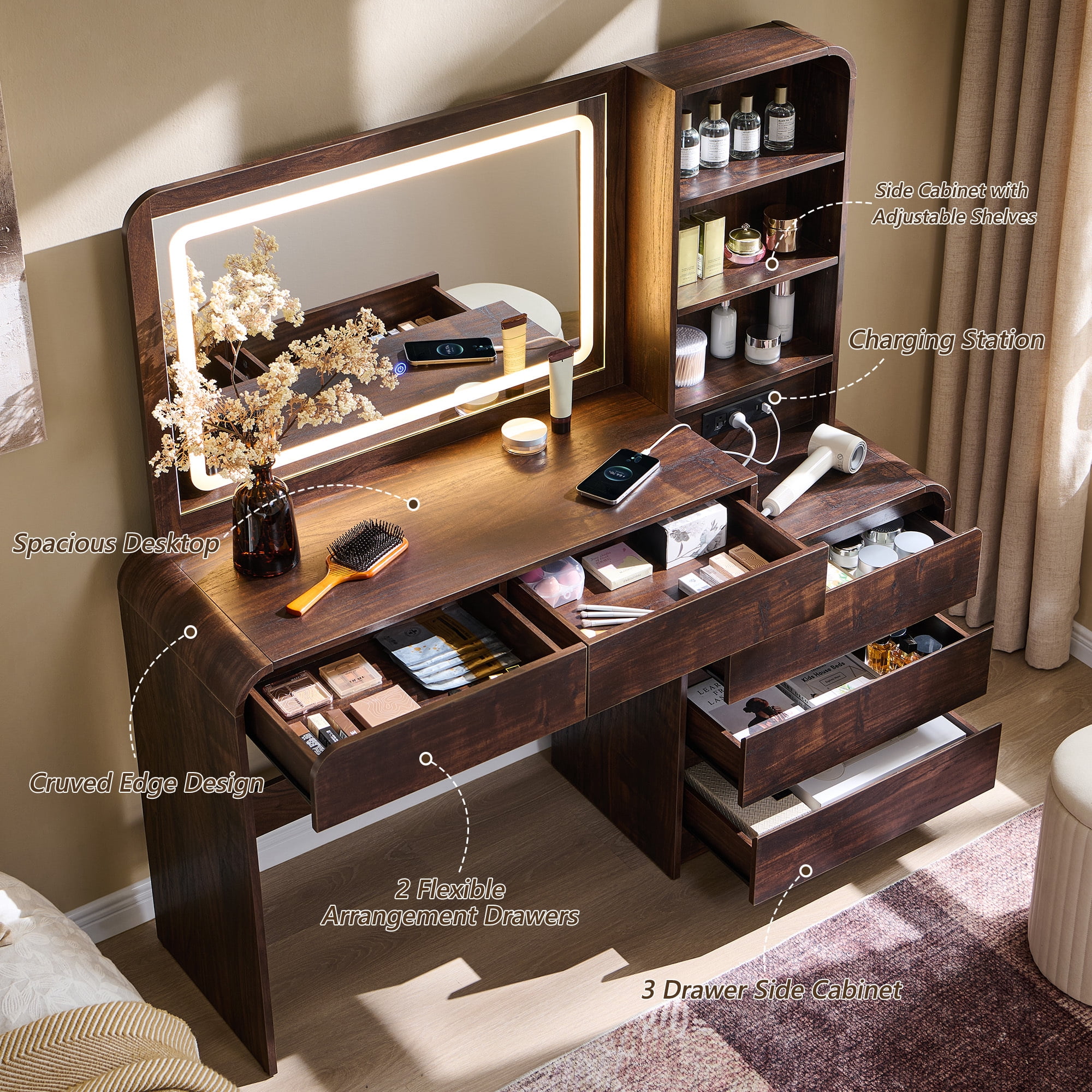 wow97e Modern Vanity Desk with Touch Screen LED Mirror, 55" Big Make Up Table with 5 Drawers , Wood Dressing Tablew/3 Color Available, Charging Station