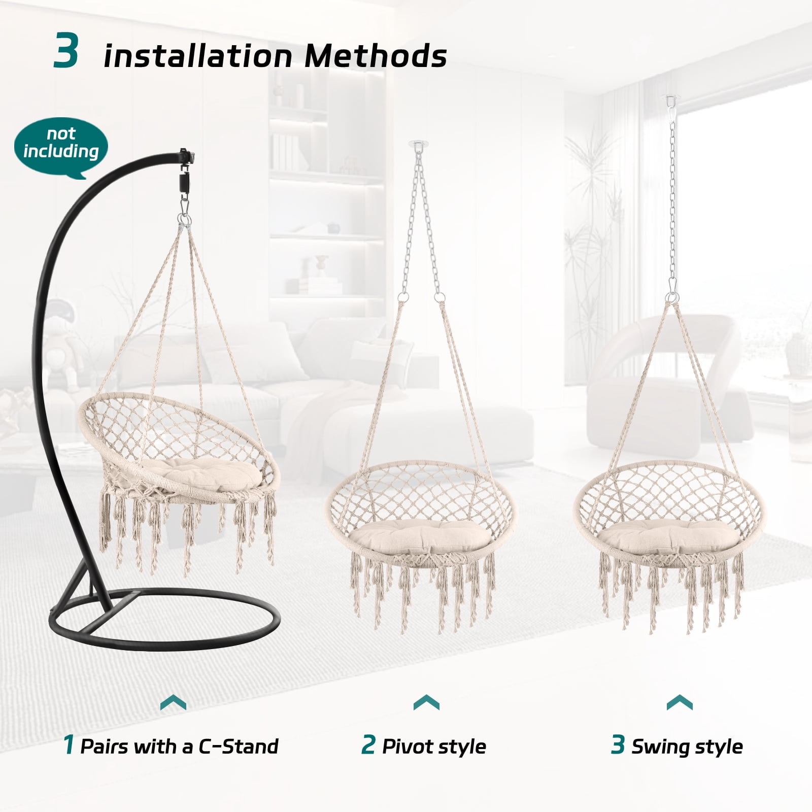 Hanging Cotton Kits Chair Rope Swing, Macrame Hammock - Hand-Woven Rope, Steel Spreader Bar Anti-Slip Rings, Cream White, Soft, Easy Assembly, Comfortable, for Home Patio