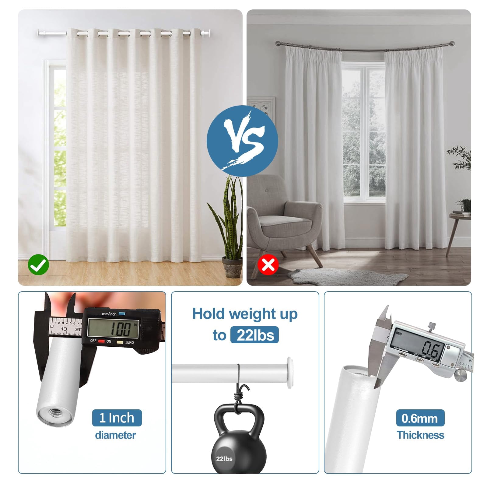Urbanest 1" Adjustable Curtain Rod Set with Cap Finial Metal Window Drapery Rod, Modern Minimalist Design