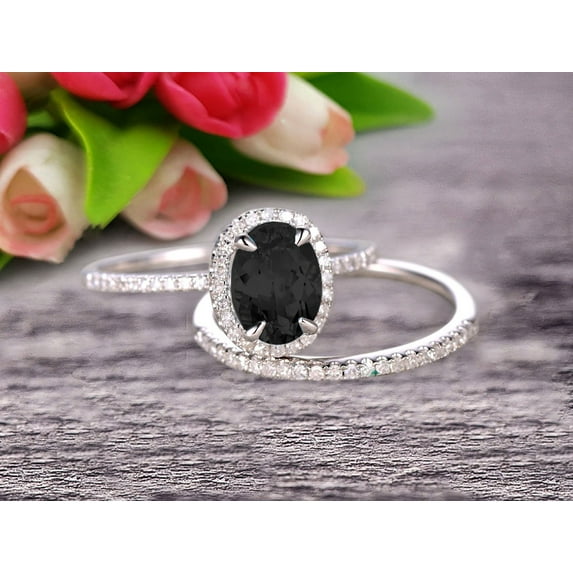 2.50 Carat Oval Cut Black Diamond Moissanite Wedding Anniversary Gift Bridal Set Engagement Ring On 10k White Gold With Matching Band Art Deco Vintage Look