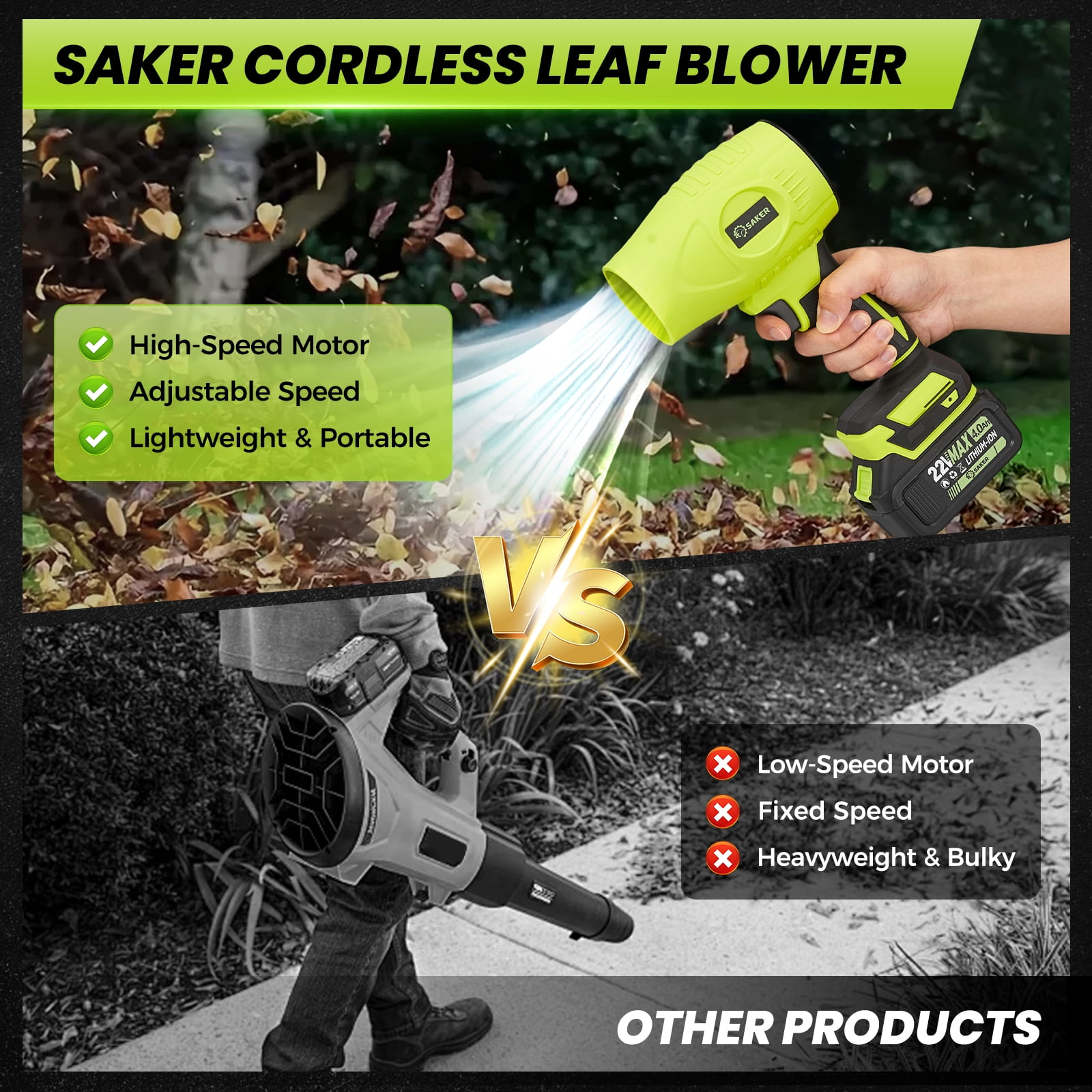 Saker Electric Cordless Leaf Blower with Adjustable Speed, Portable Handheld Leaf Blower with 2x 4.0Ah Batteries for Patio Cleaning, Lawn Care, Green