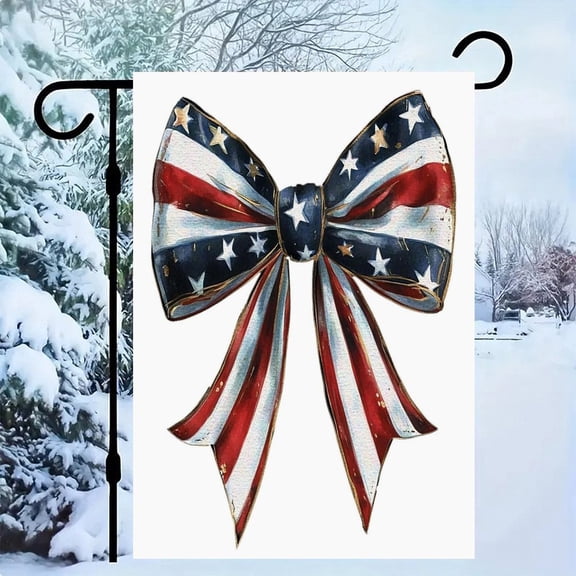RKSupls Patriotic Linen Double Sided Garden Flag, Independence Day Themed Yard Decor, Patriotic Ribbon Bow Design Outdoor Banner for Holiday Lawn