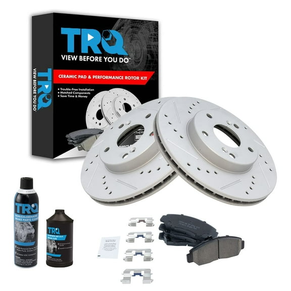 TRQ Performance Drilled Slotted Rotor & Ceramic Brake Pad Front Kit w/Chemicals BKA18236 Fits select: 2003-2007 HONDA ACCORD, 2006-2010 HONDA CIVIC GX