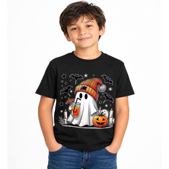 Boys Halloween Ghost Pumpkin Graphic T-Shirt, Cute Fall Short Sleeve Shirt