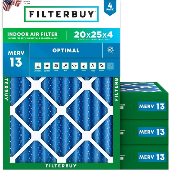 Filterbuy 20x25x4 MERV 13 Pleated HVAC AC Furnace Air Filters (4-Pack)