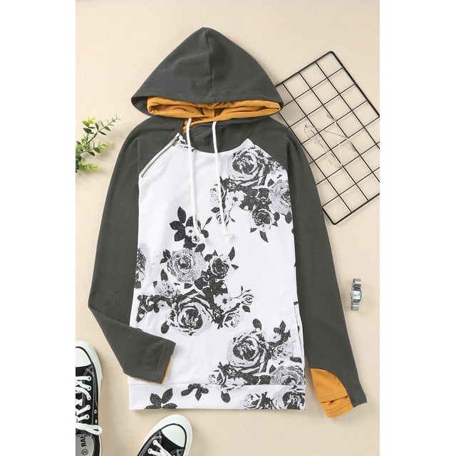 ABPHQTO Sudadera de mujer con capucha doble y mangas raglán con estampado floral blanco
