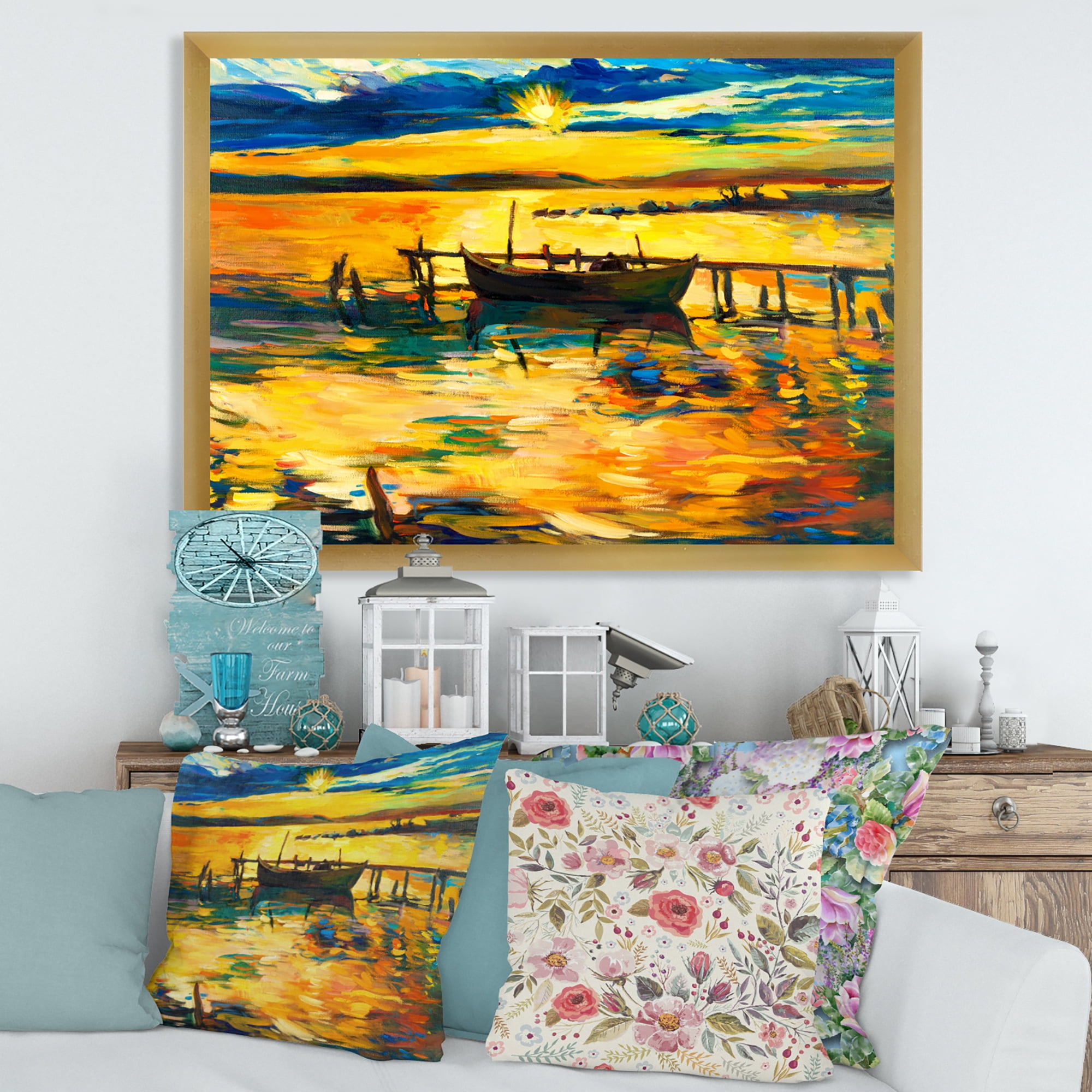 Boat At The Lake During Evening Glow VI 40 in x 30 in Framed Painting Canvas Art Print, by Designart