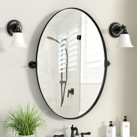 18 in. x 28 in. Oval Black Metal Framed Vanity Bathroom Pivot Wall Mirror