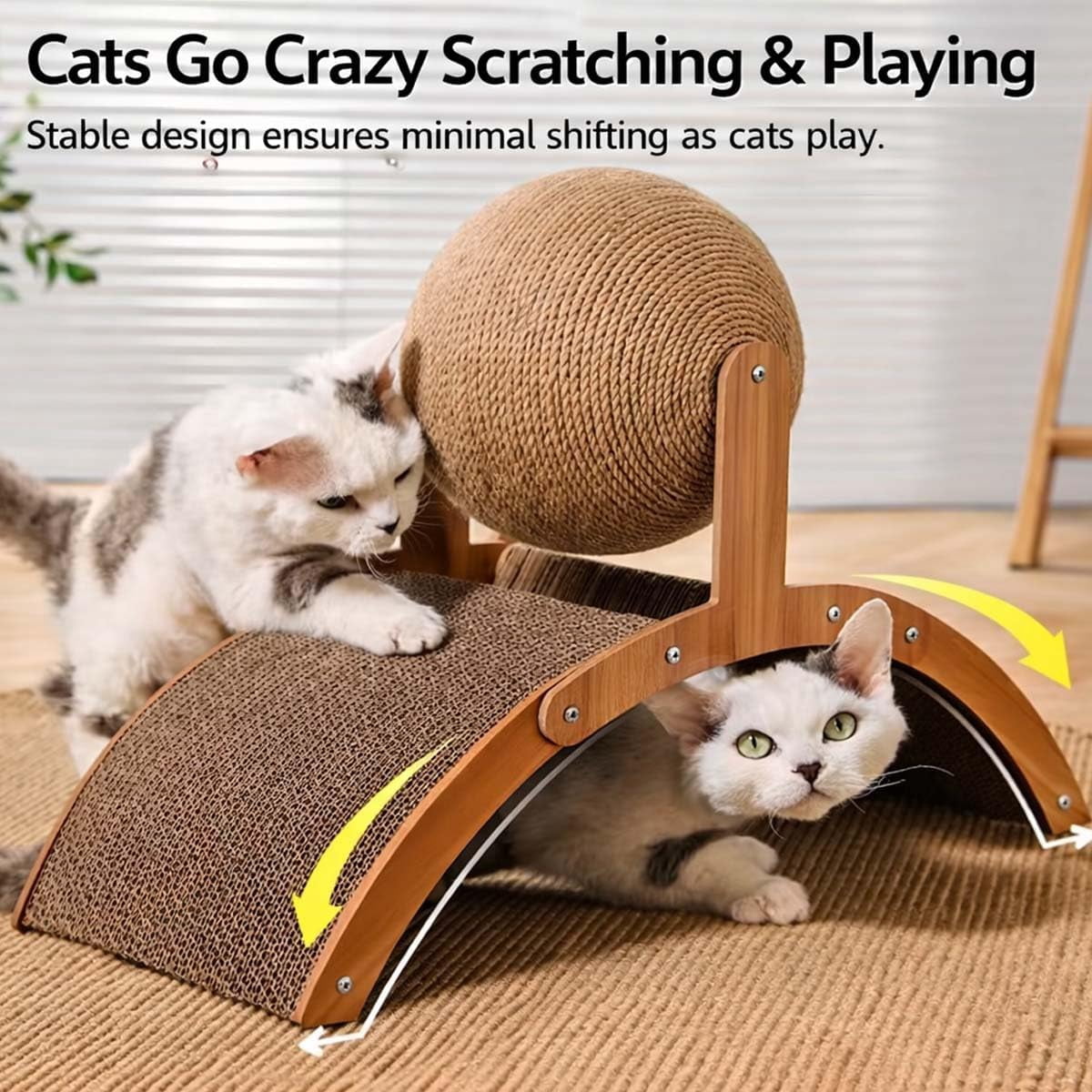 Cat Scratching Ball on Stand, Solid Wood Slanted Cat Scratching Board Design, 2-in-1 Interactive Cat Scratcher Toy with Arch Bridge and 360° Rotating Natural Sisal Ball for Indoor Cat Kittens